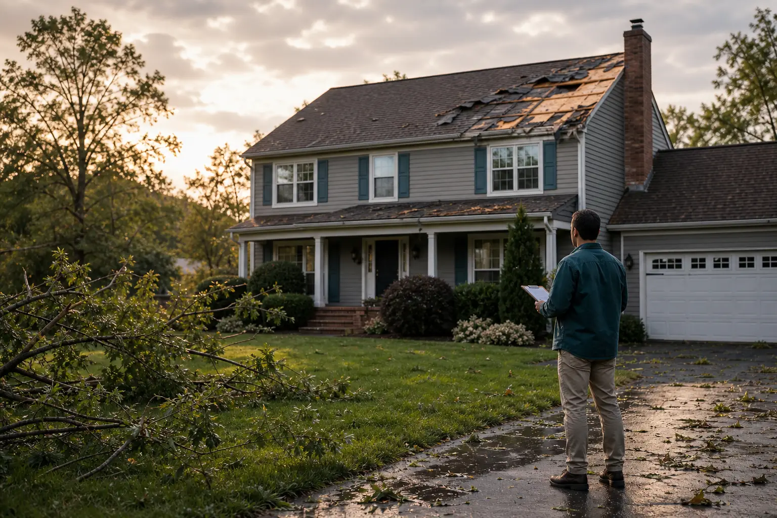 A damaged suburban house with debris in the yard after a storm, viewed in a realistic editorial style.