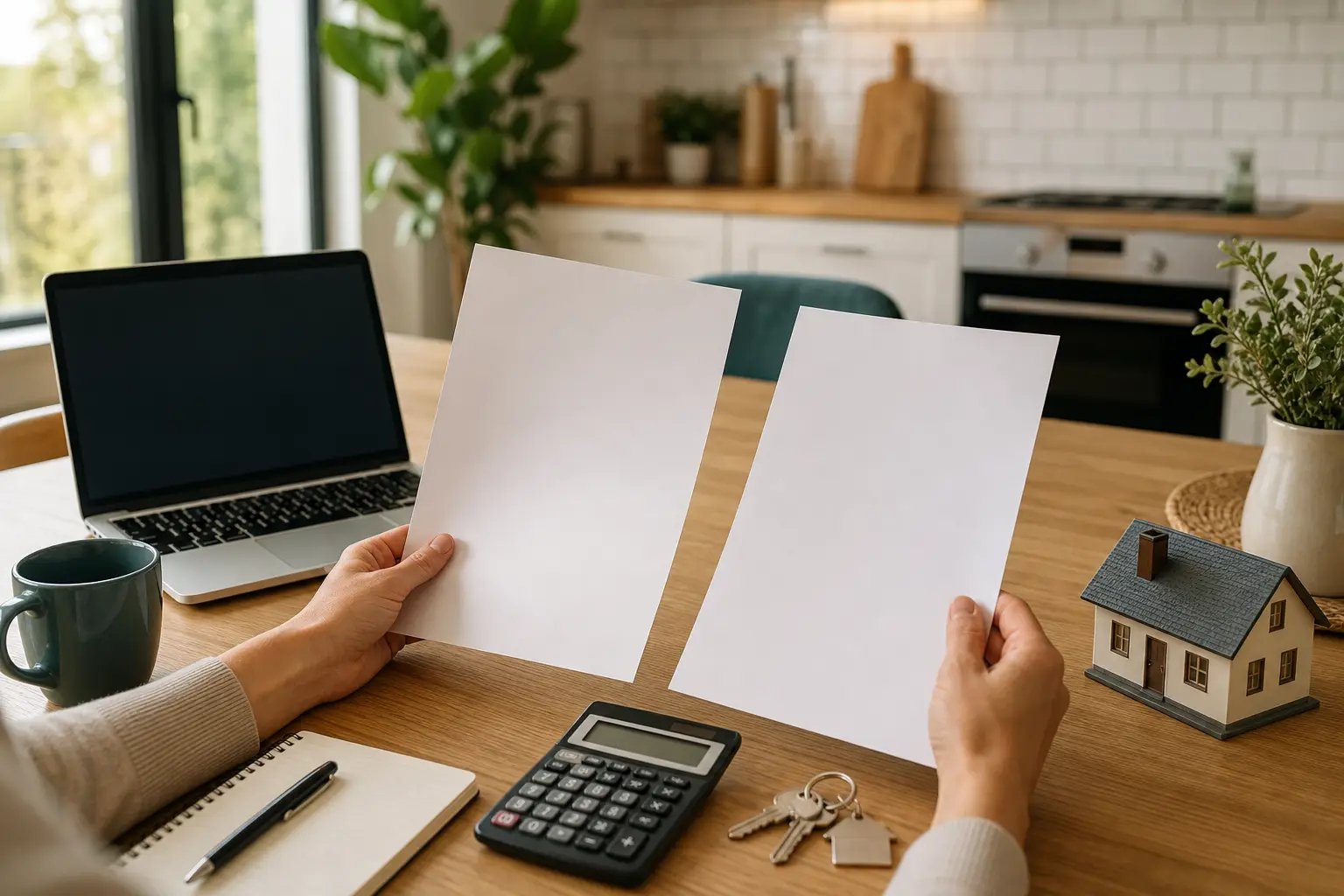 A tabletop scene showing two insurance quotes being compared with a calculator and house model.