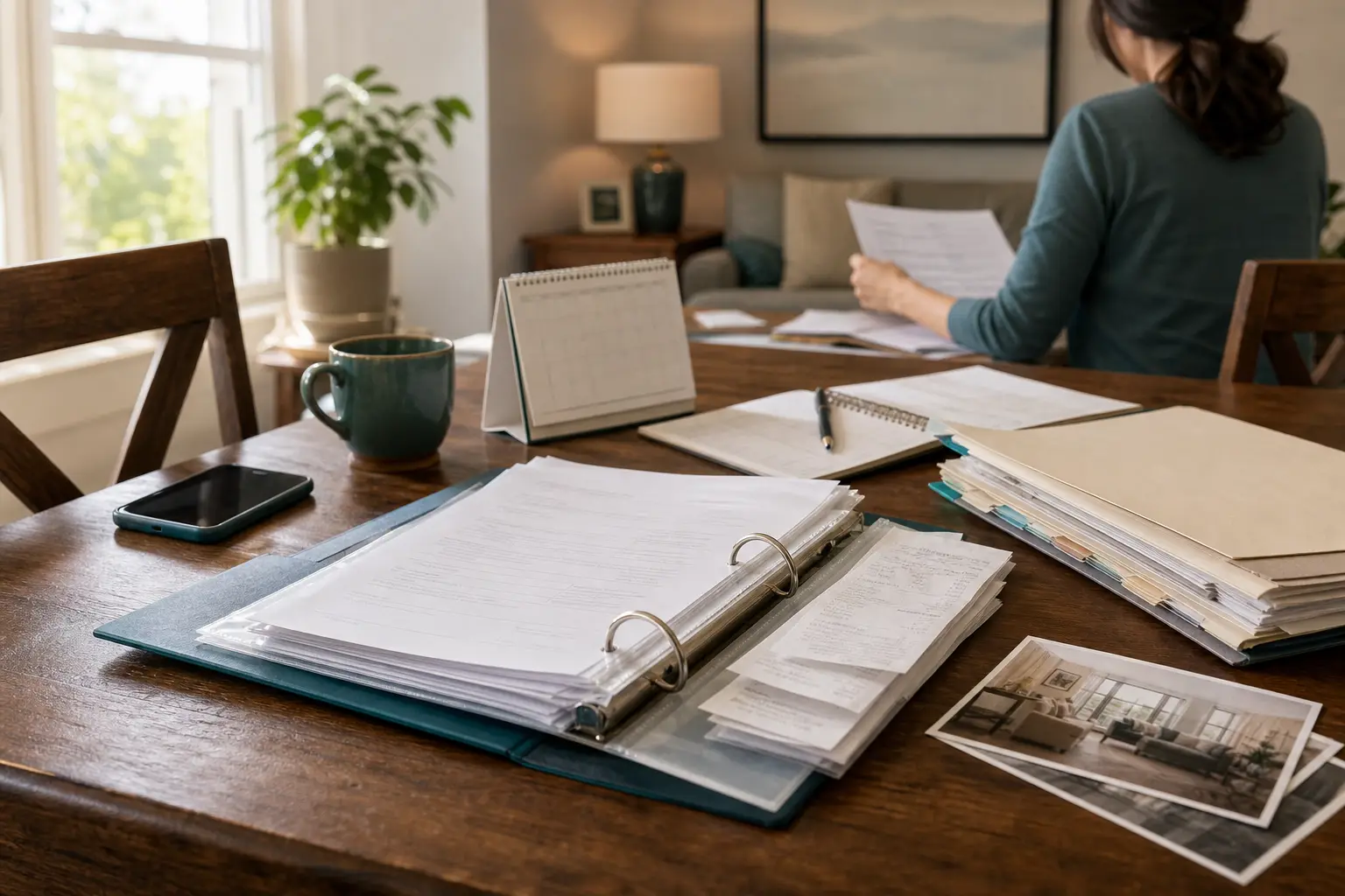 A home records setup with a binder, receipts, and a phone for keeping insurance information organized.