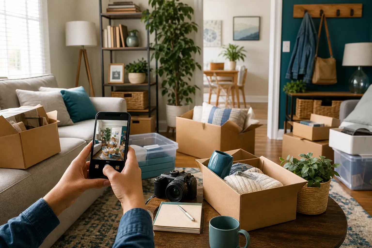 An interior scene showing a person documenting household items for a home inventory.
