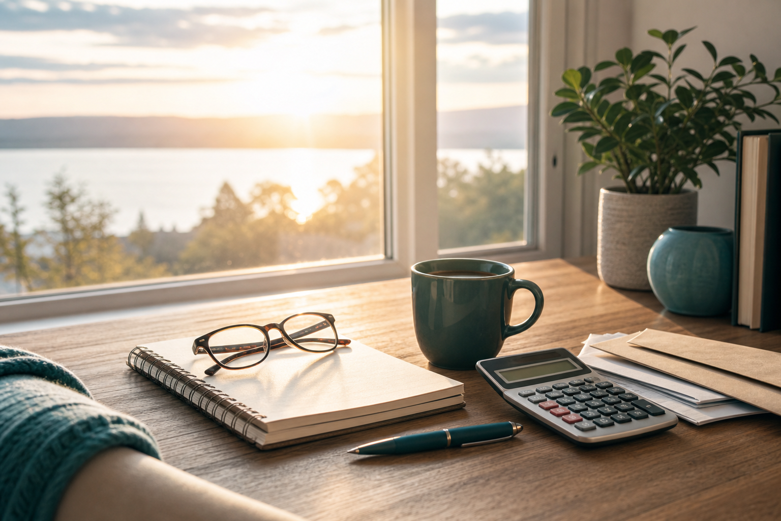A quiet desk with retirement planning items in warm morning light.