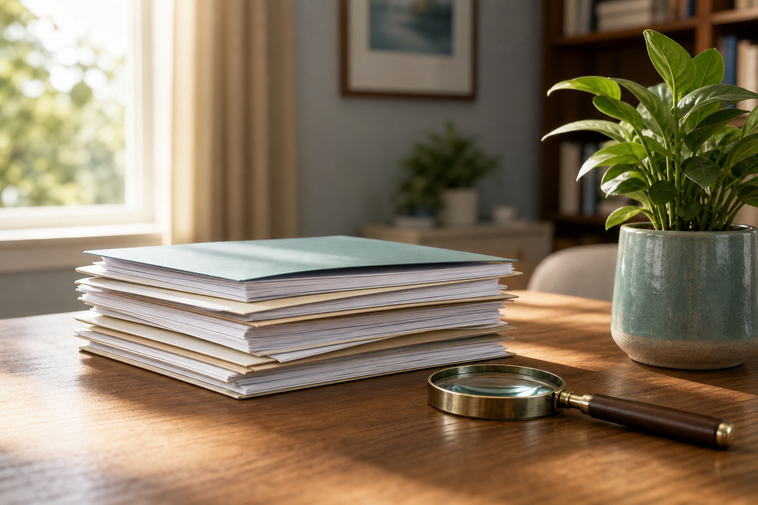 A magnifying glass beside closed documents on a wooden table.
