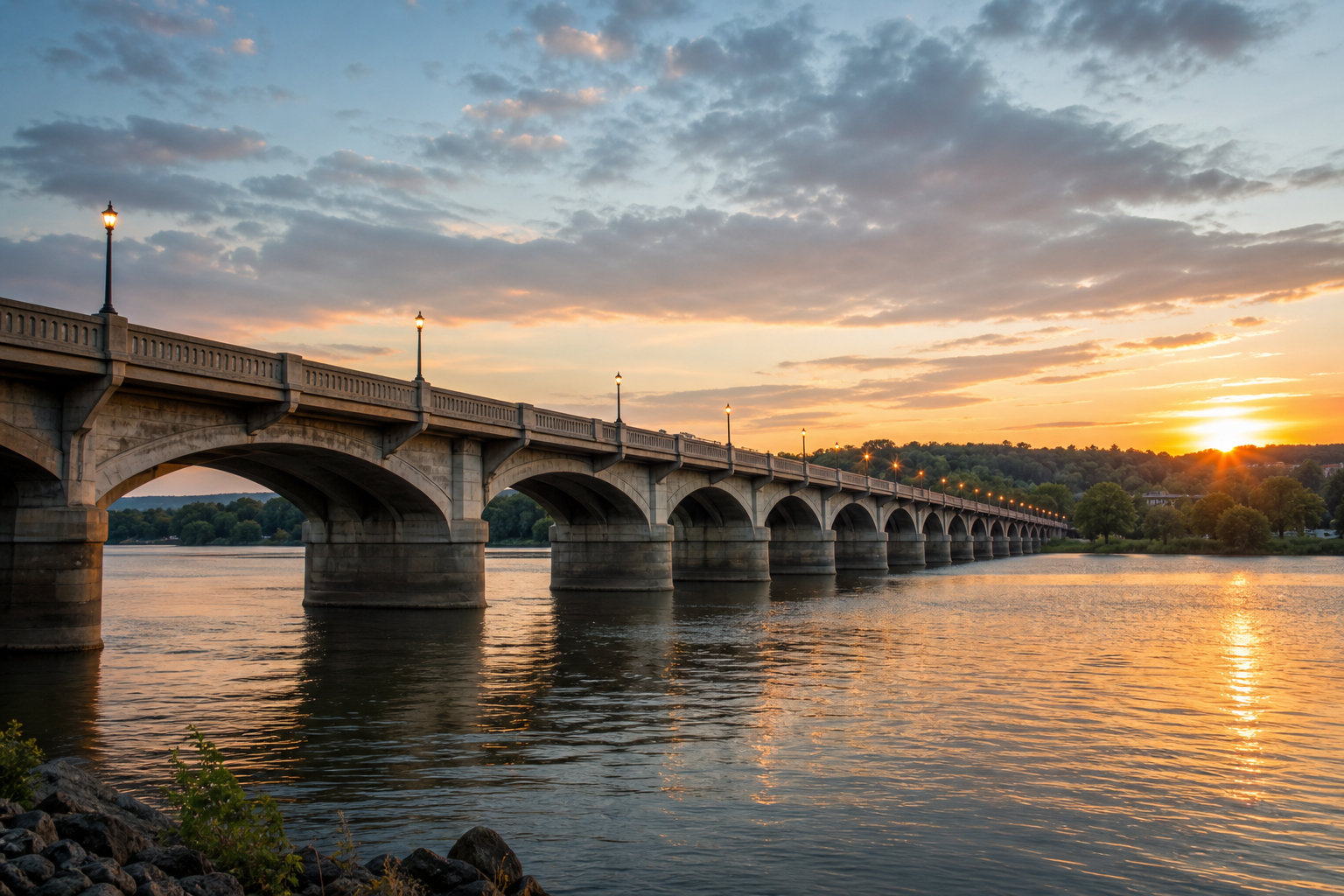 A bridge spanning a river at dusk with calm reflections.