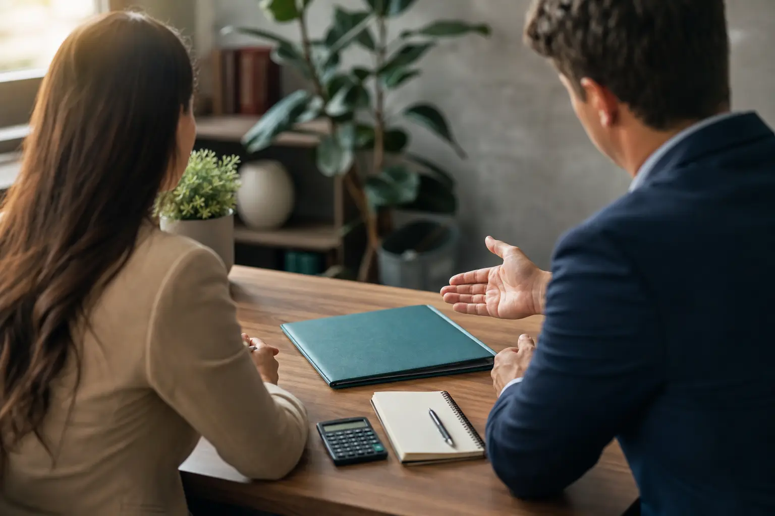 A business owner and insurance professional reviewing coverage in a neutral office setting.
