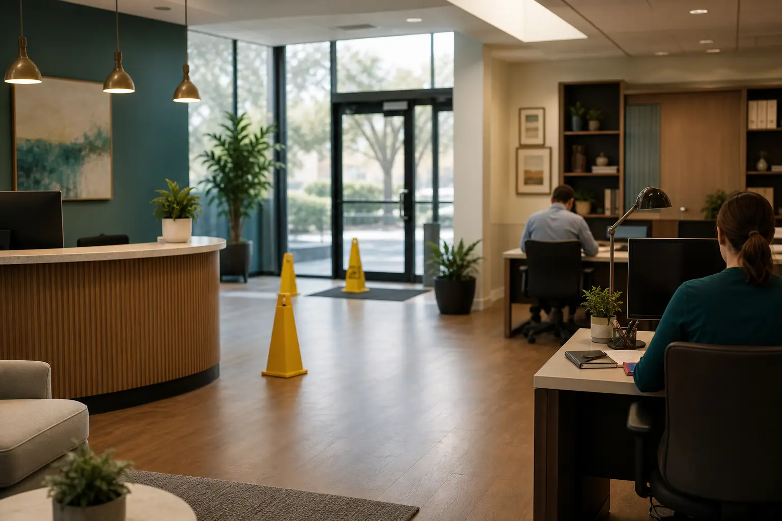 A quiet business interior with temporary closure cues, representing lost income during a shutdown.
