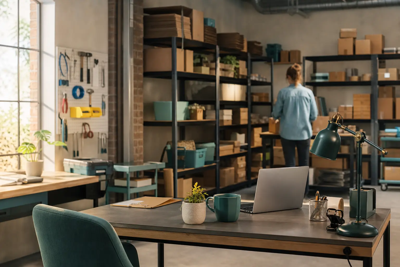 An organized business workspace with equipment, inventory, and office items that could be covered by property insurance.