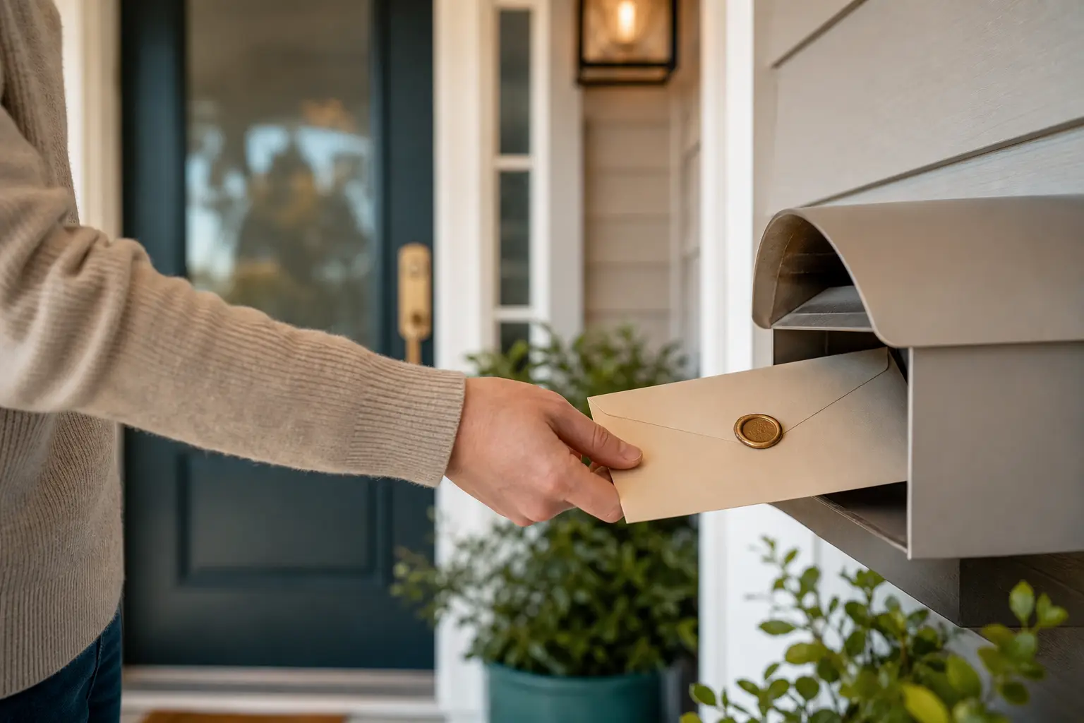 A hand placing a sealed envelope into a mailbox beside a home entrance.