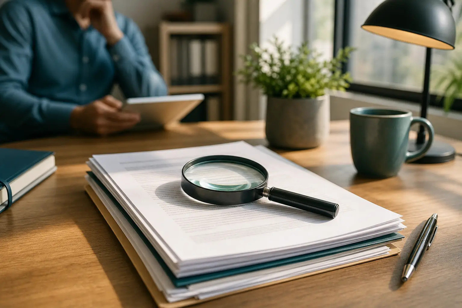 A desk with a magnifying glass over documents, suggesting careful review of policy details.