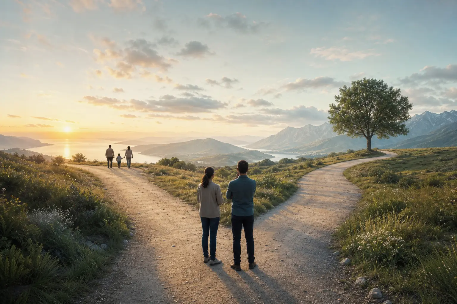 A conceptual scene showing two paths leading to different horizons, representing different policy types.