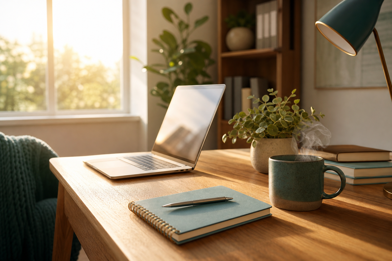 A quiet desk scene with retirement planning materials and morning light