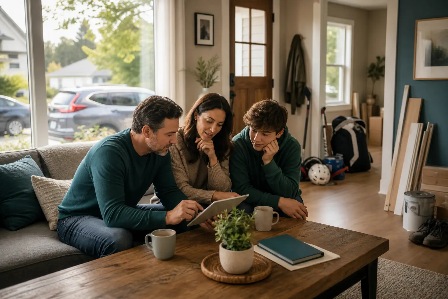 A family home interior suggesting new vehicles, a teen driver, and recent renovations.