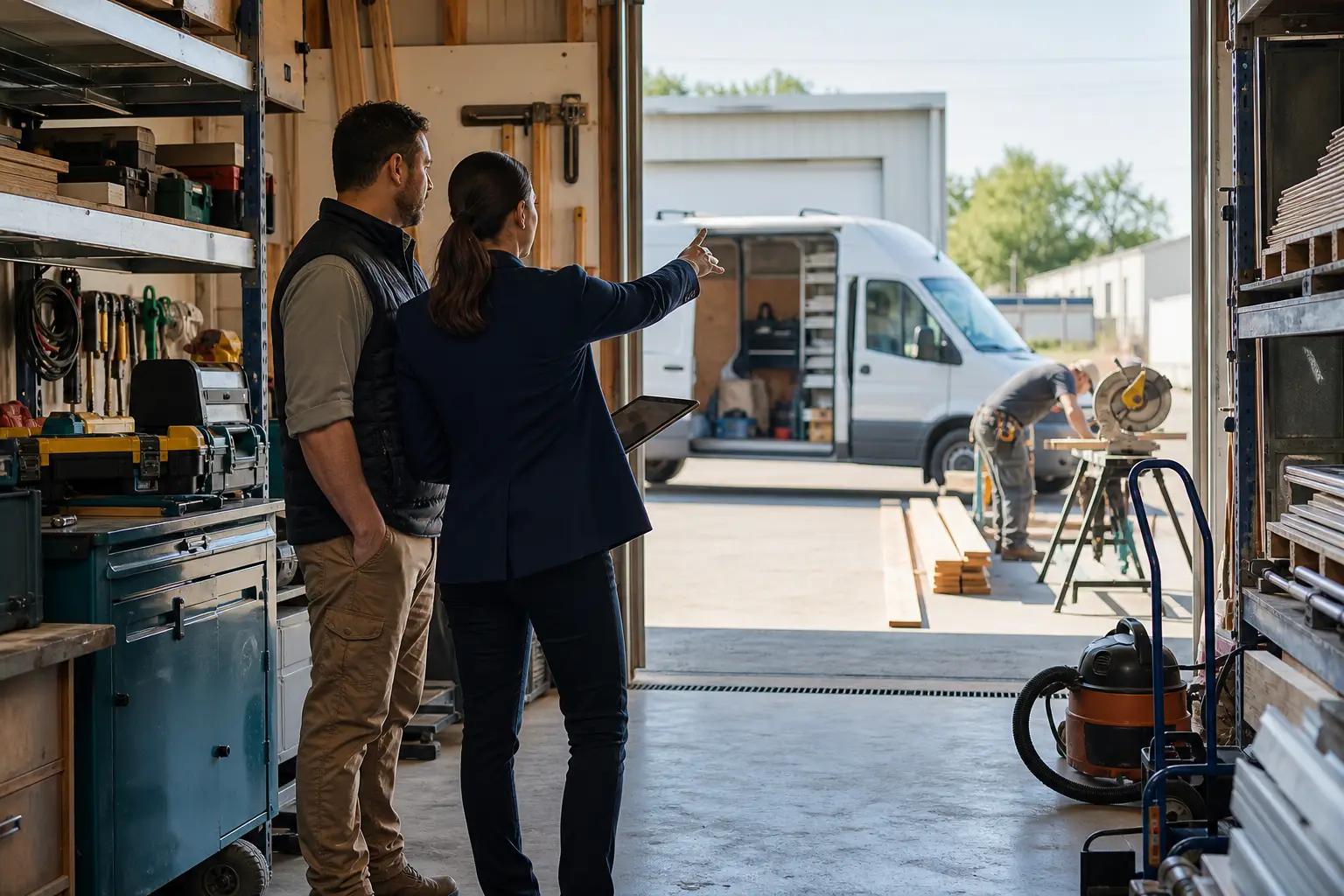 A small business workspace showing equipment and operational exposures being reviewed with an advisor.