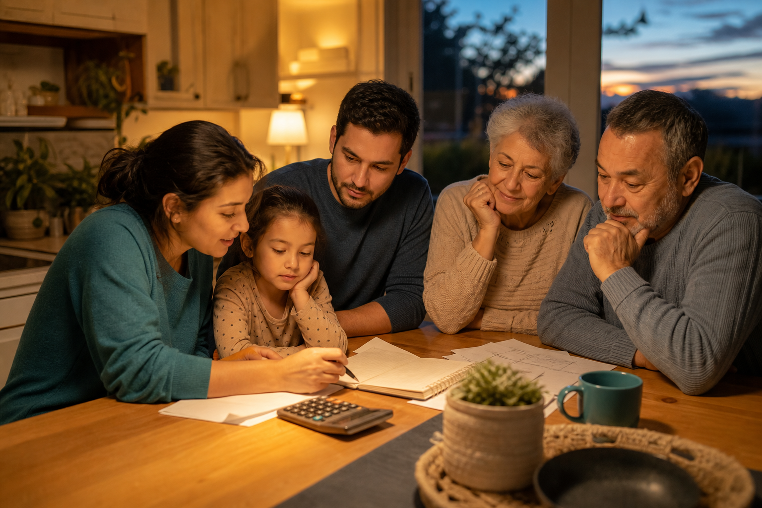 A family sitting together at a kitchen table with papers and a calculator