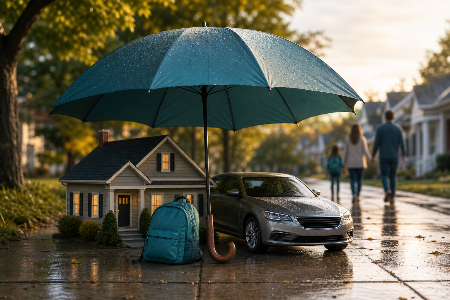 An umbrella shielding household items from light rain