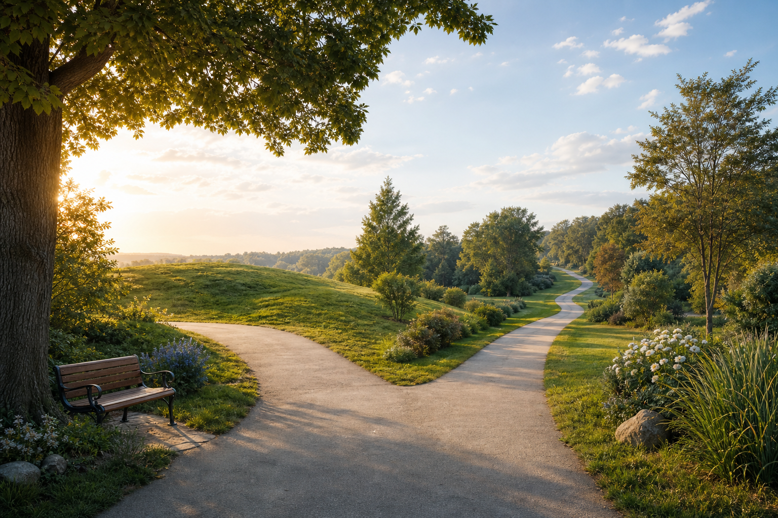 Two paths stretching through a park under soft light