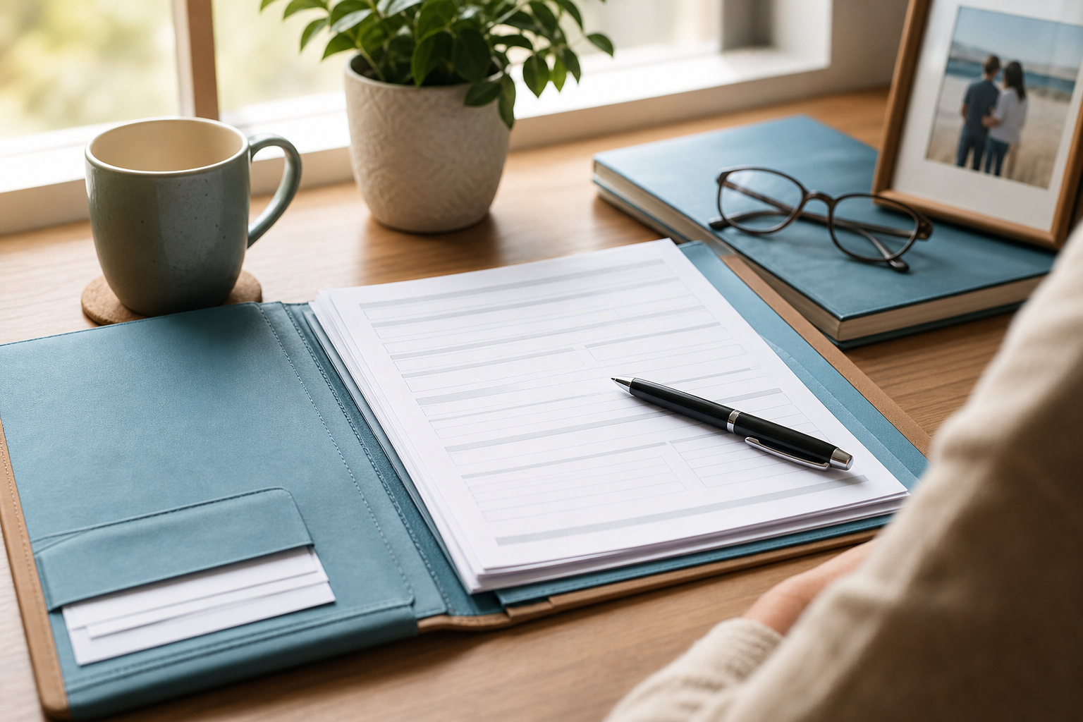 A desk setup with an open folder, pen, and blank paperwork