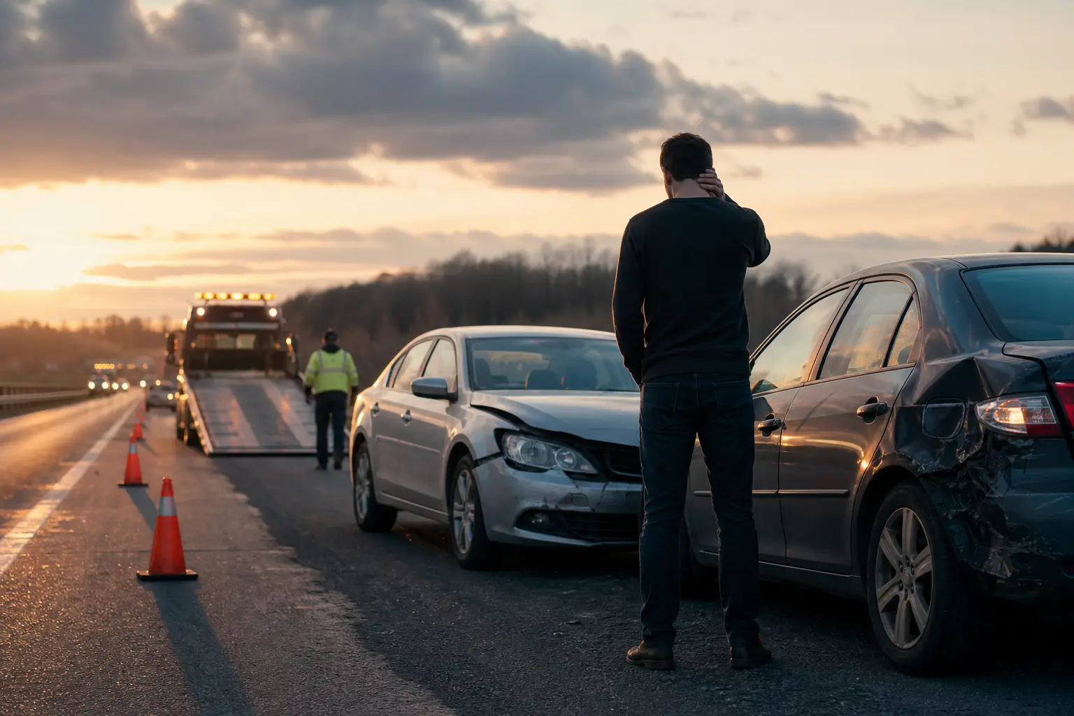 Two damaged cars on a roadside after a crash, with cones and a tow truck in the distance.