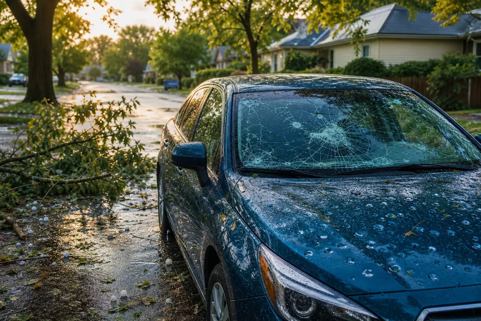 A parked car with hail damage and a cracked windshield after a storm.