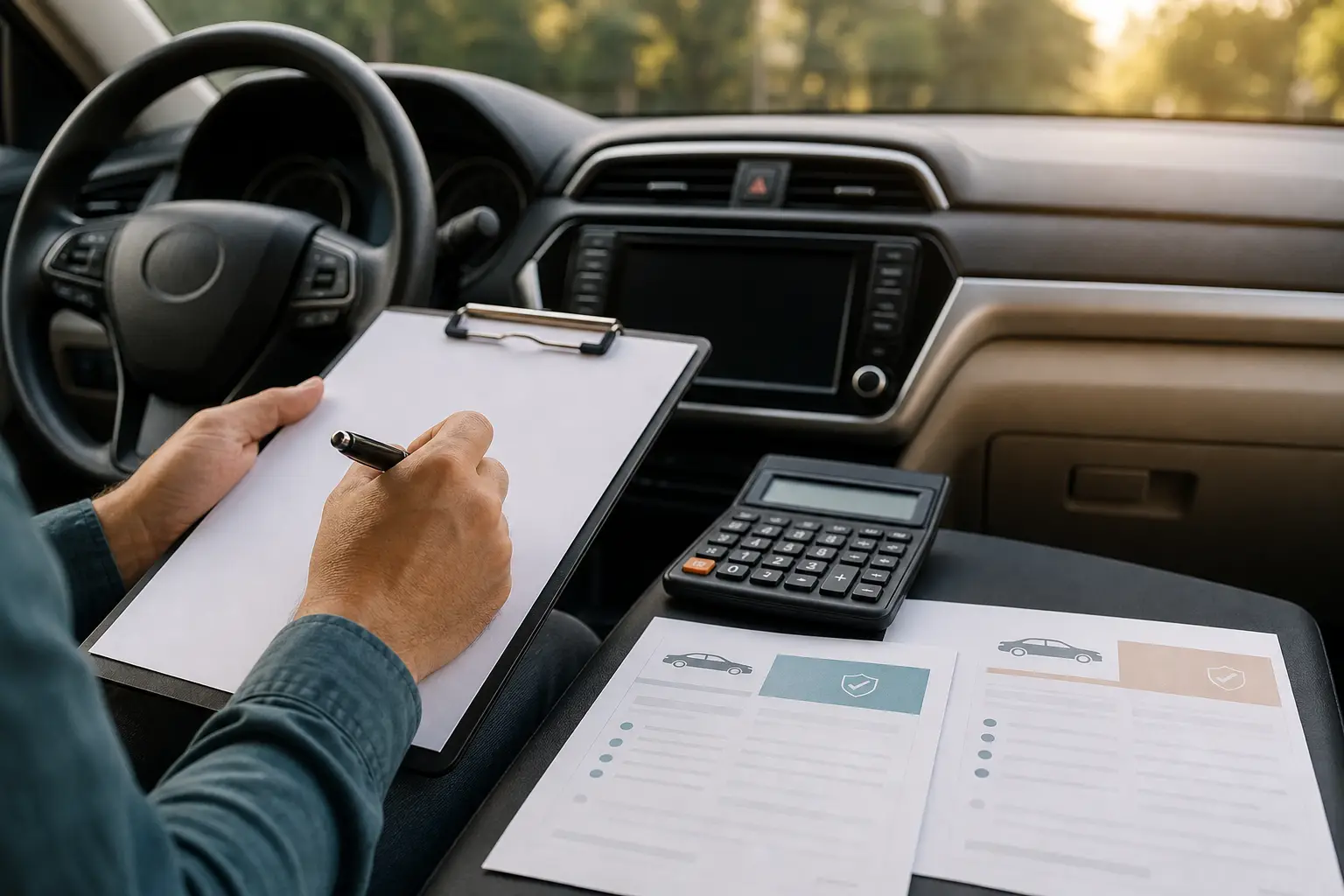 A person reviewing insurance quotes inside a car with a clipboard and calculator.