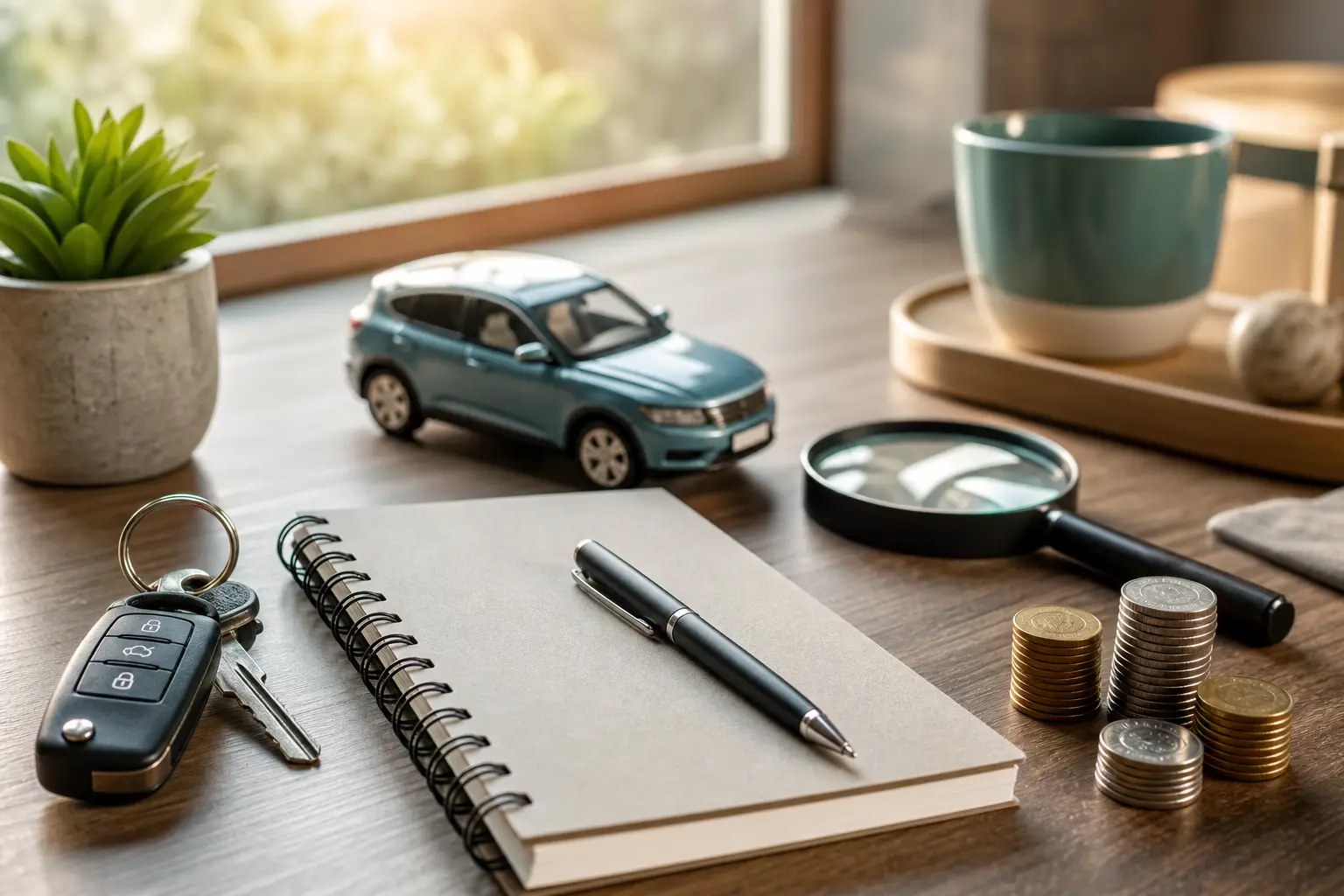 A car key, model car, coins, and planning tools arranged on a desk.