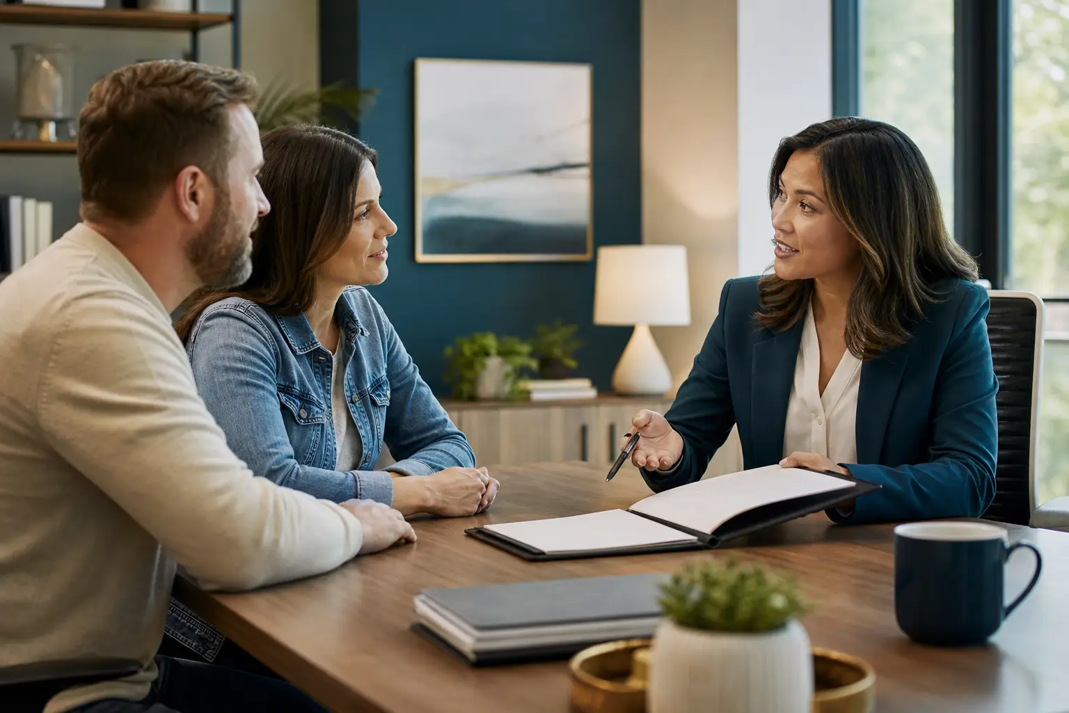 An insurance agent explaining life insurance choices to a couple in an office.