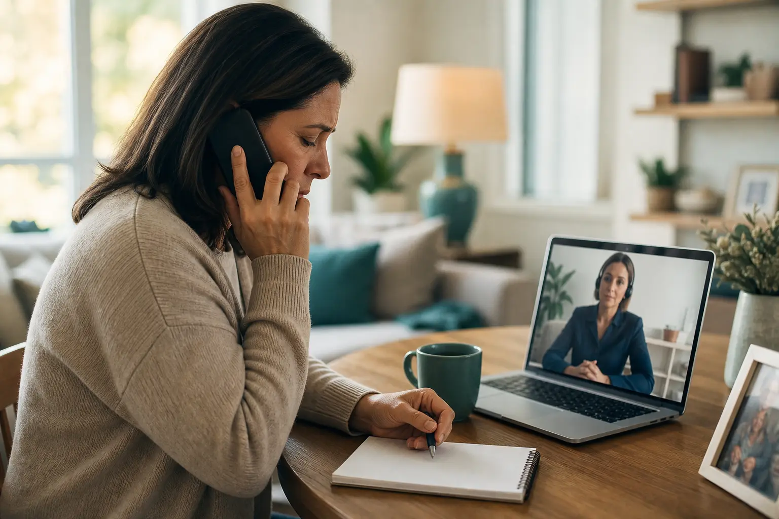 A person handling a life insurance claim call from home after a loss.