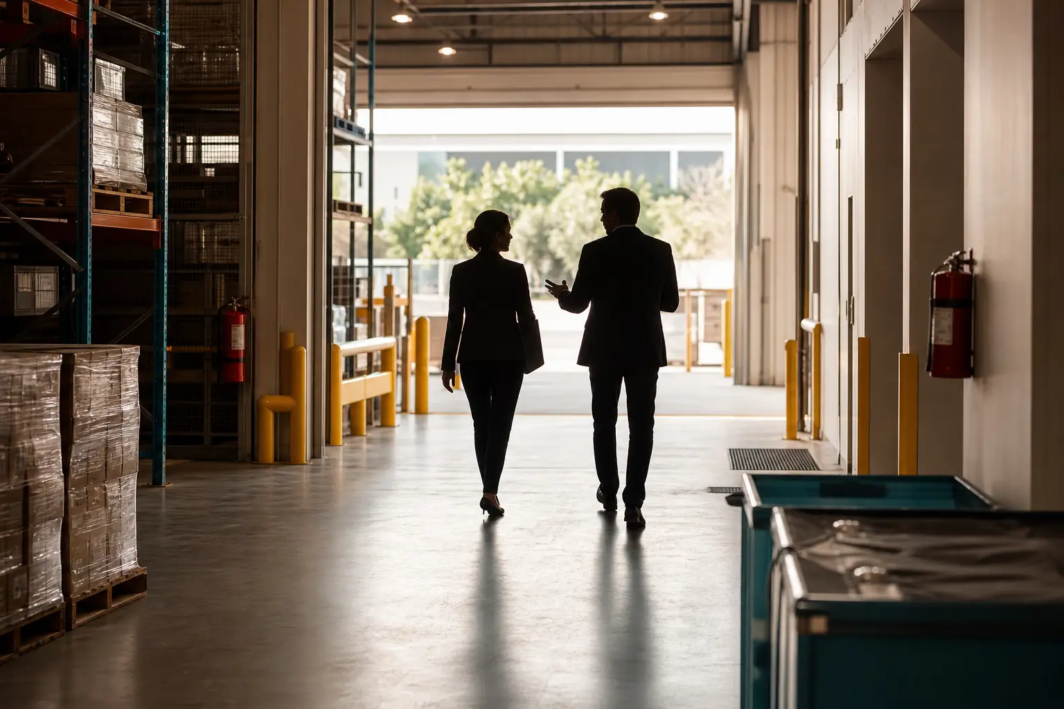Anonymous figures inspecting a commercial property with visible safety measures in place.