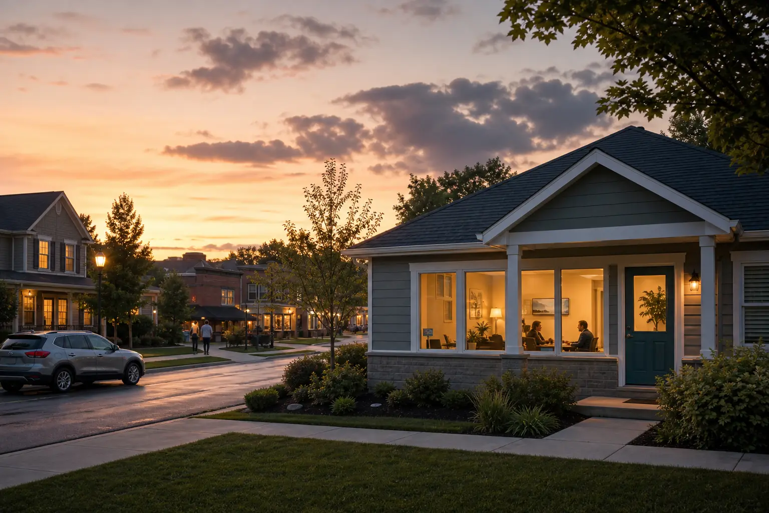 A lit agency office in a neighborhood scene that conveys local trust and visibility.
