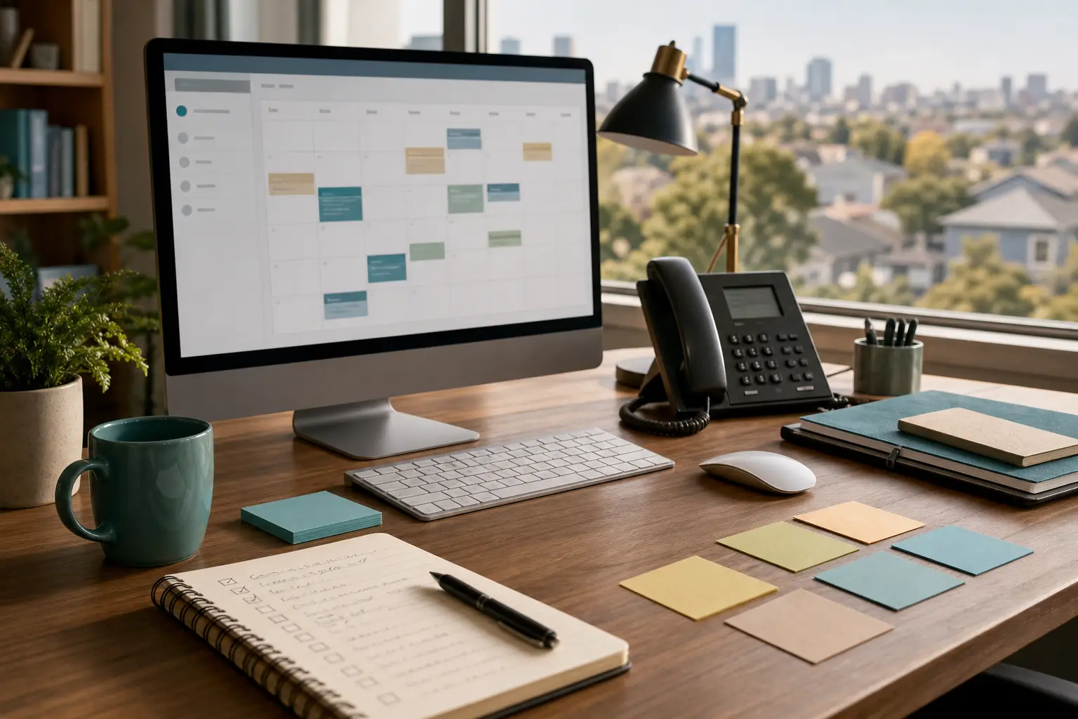 An organized agency desk with tools that suggest a structured follow-up system.