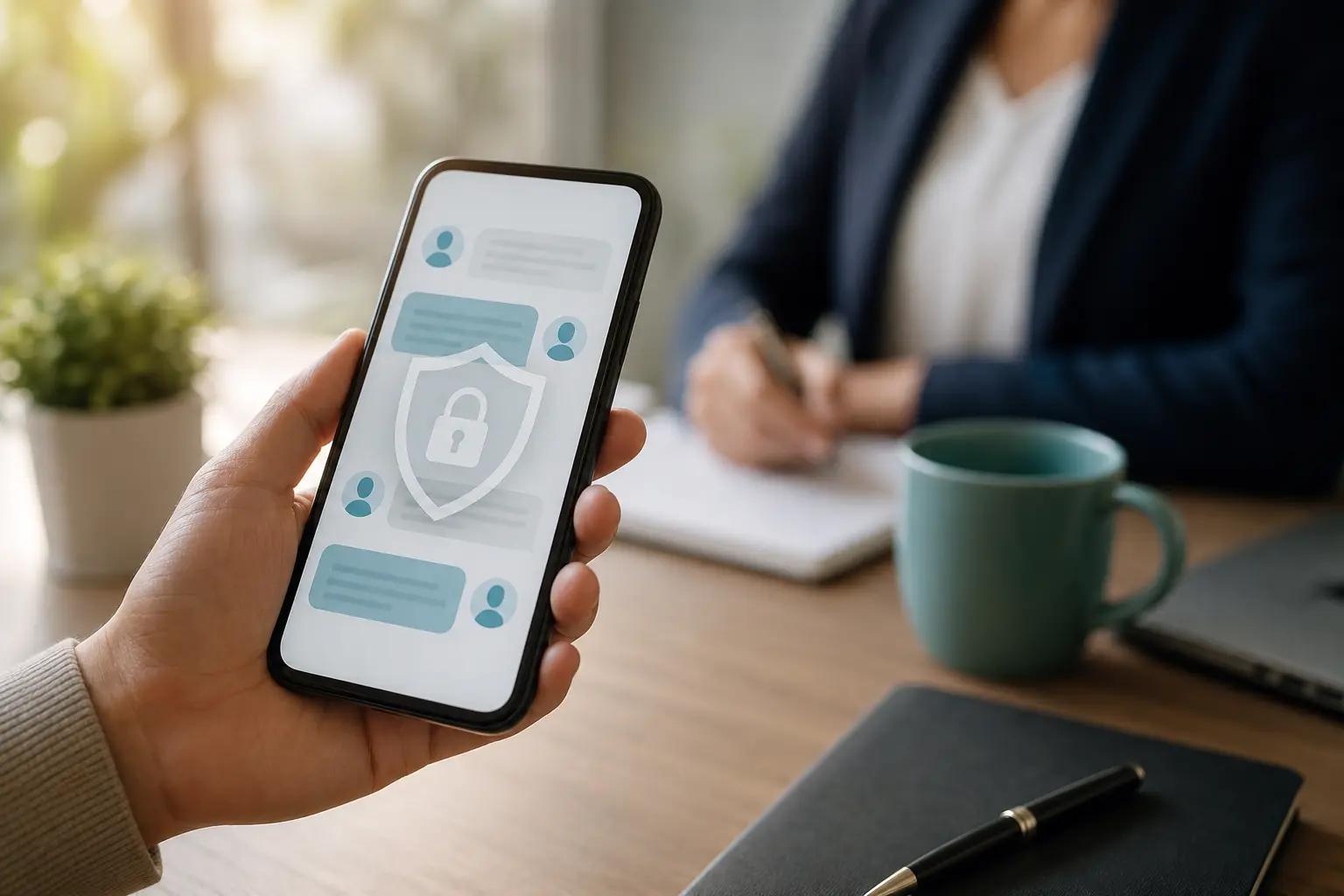 An abstract privacy-focused scene with a phone and shield imagery to represent protecting client information.
