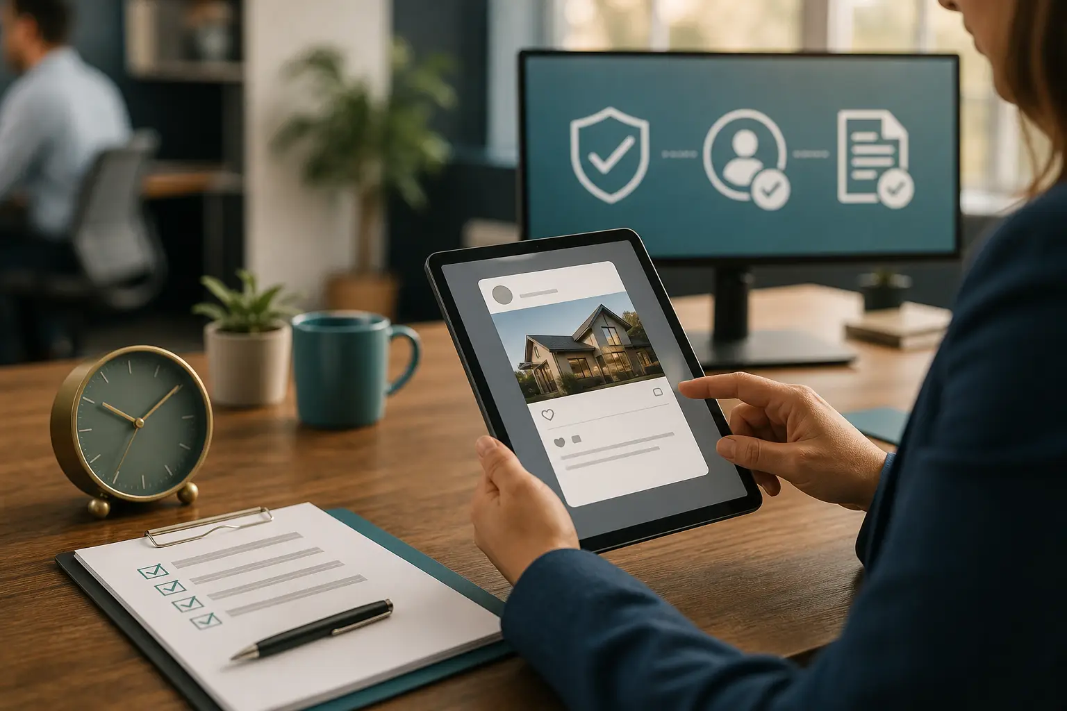 An office desk scene showing a tablet, checklist, and approval workflow elements for reviewing a social media post.