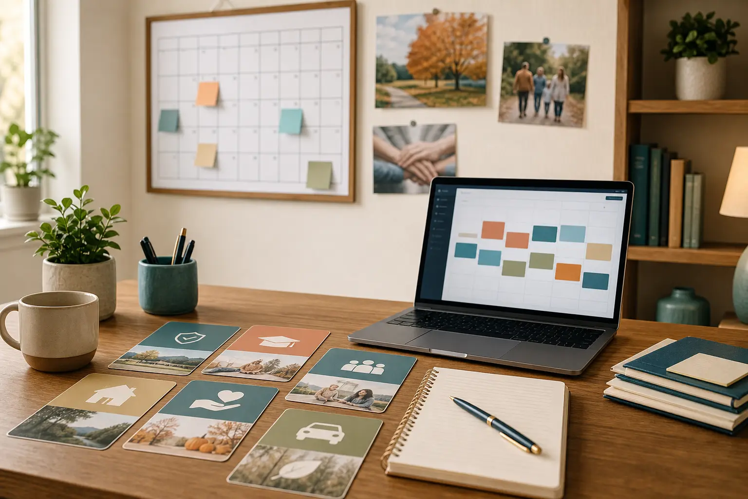 A desk with a calendar, notebook, and scheduling blocks representing a balanced social media content plan.