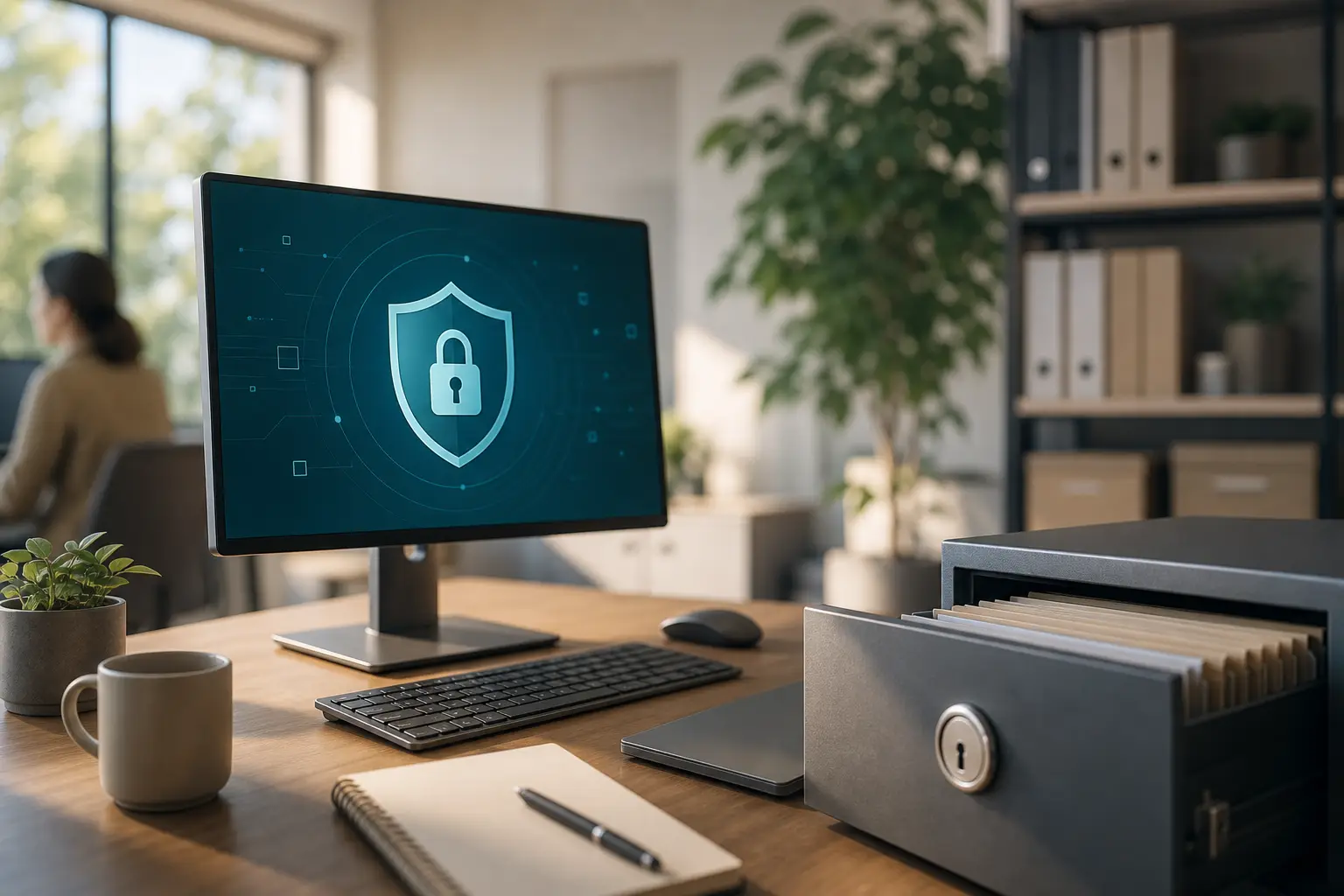 A secure office workspace suggesting careful handling of sensitive insurance information.