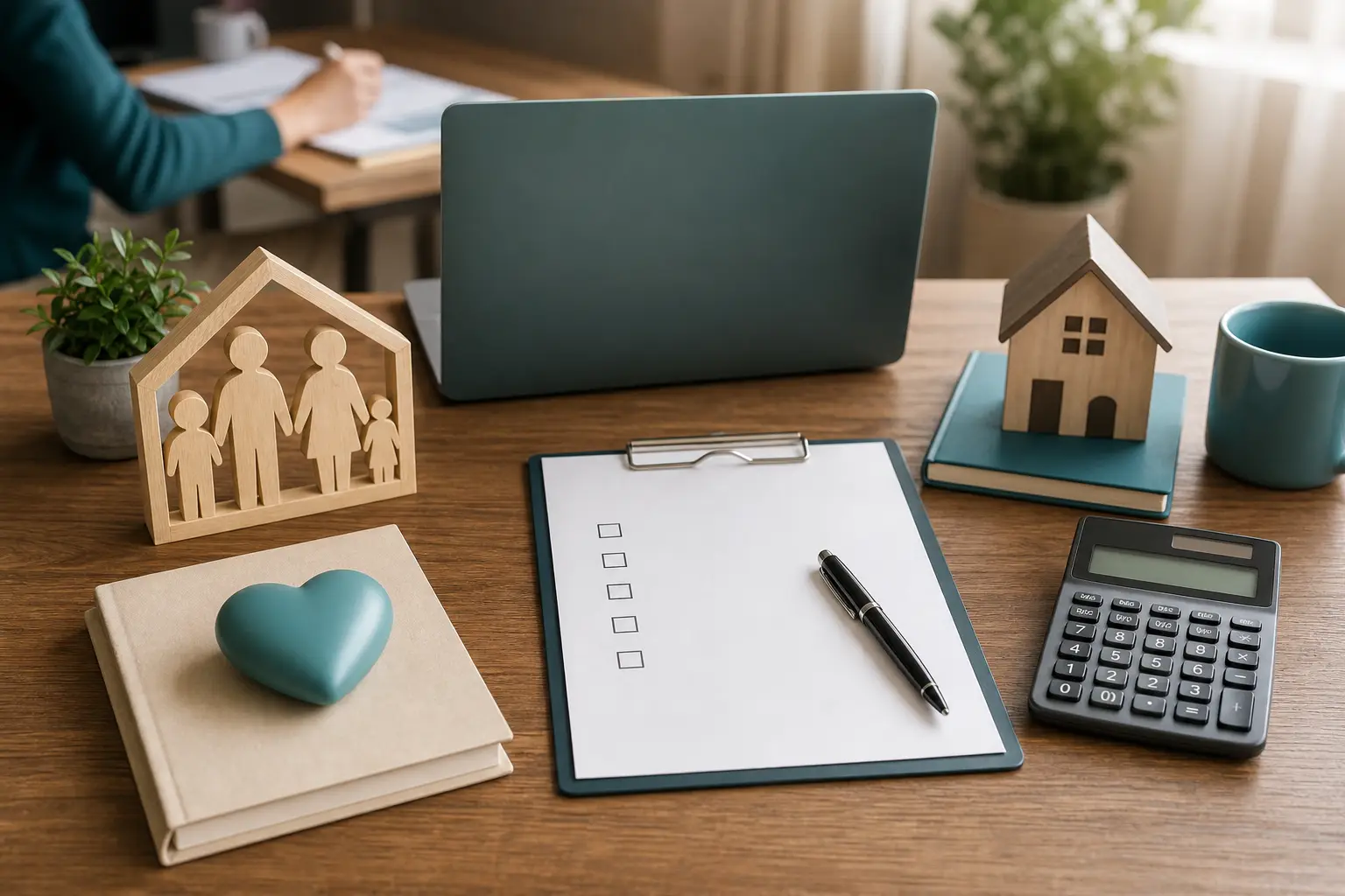A desk setup showing organized tools for separating benefit, premium, and household details.