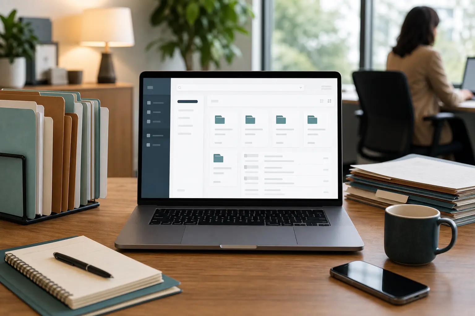 A laptop and office materials arranged around a central searchable workspace concept in an insurance office.