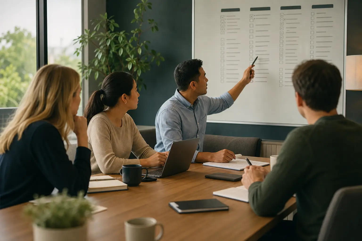 A small insurance team reviewing a checklist and laptop during a workflow discussion.