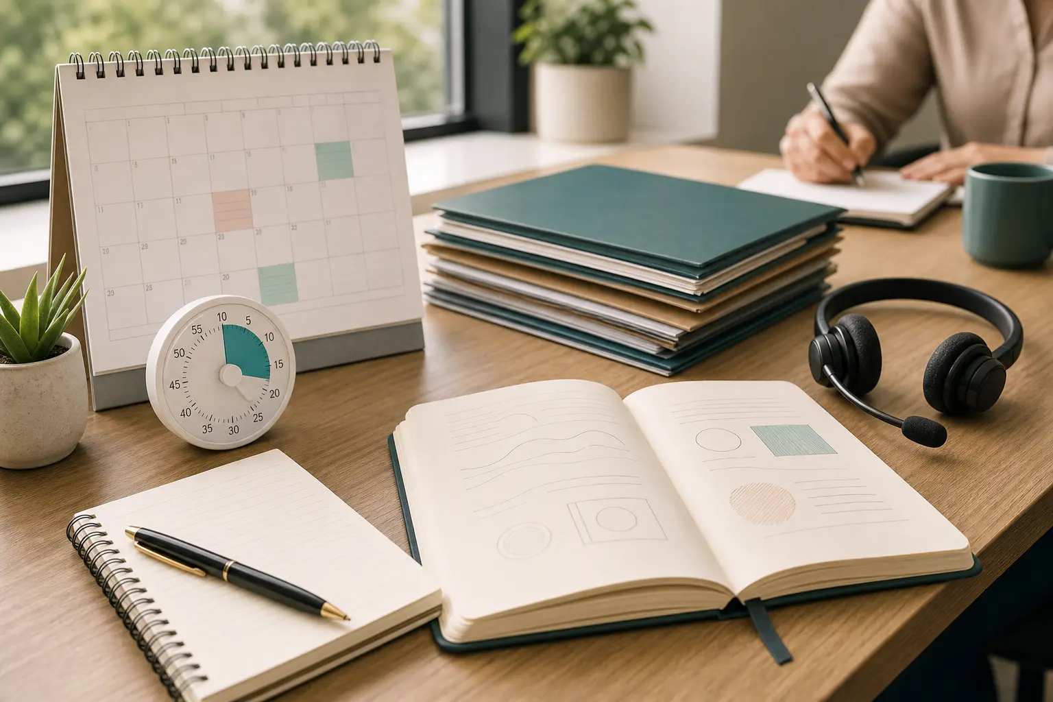 An office planning setup with calendar, timer, notebook, and folders representing automated reminders and planned productivity.