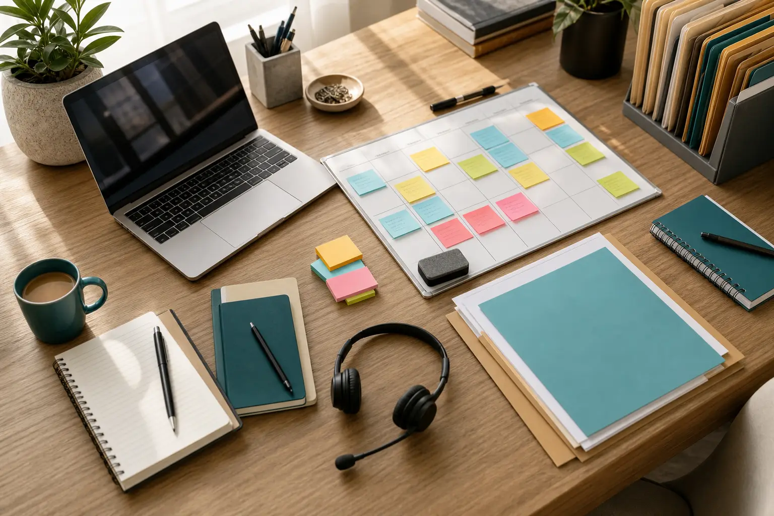 An organized insurance agency desk with a weekly planning board, folders, laptop, and sticky notes.